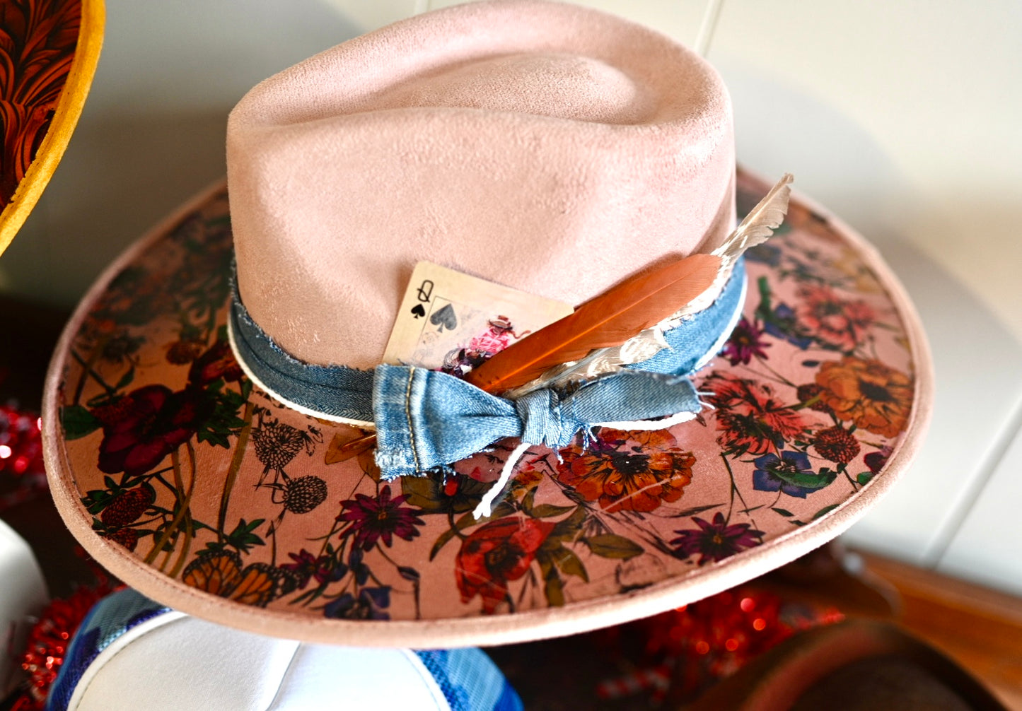 Dusty pink floral fedora