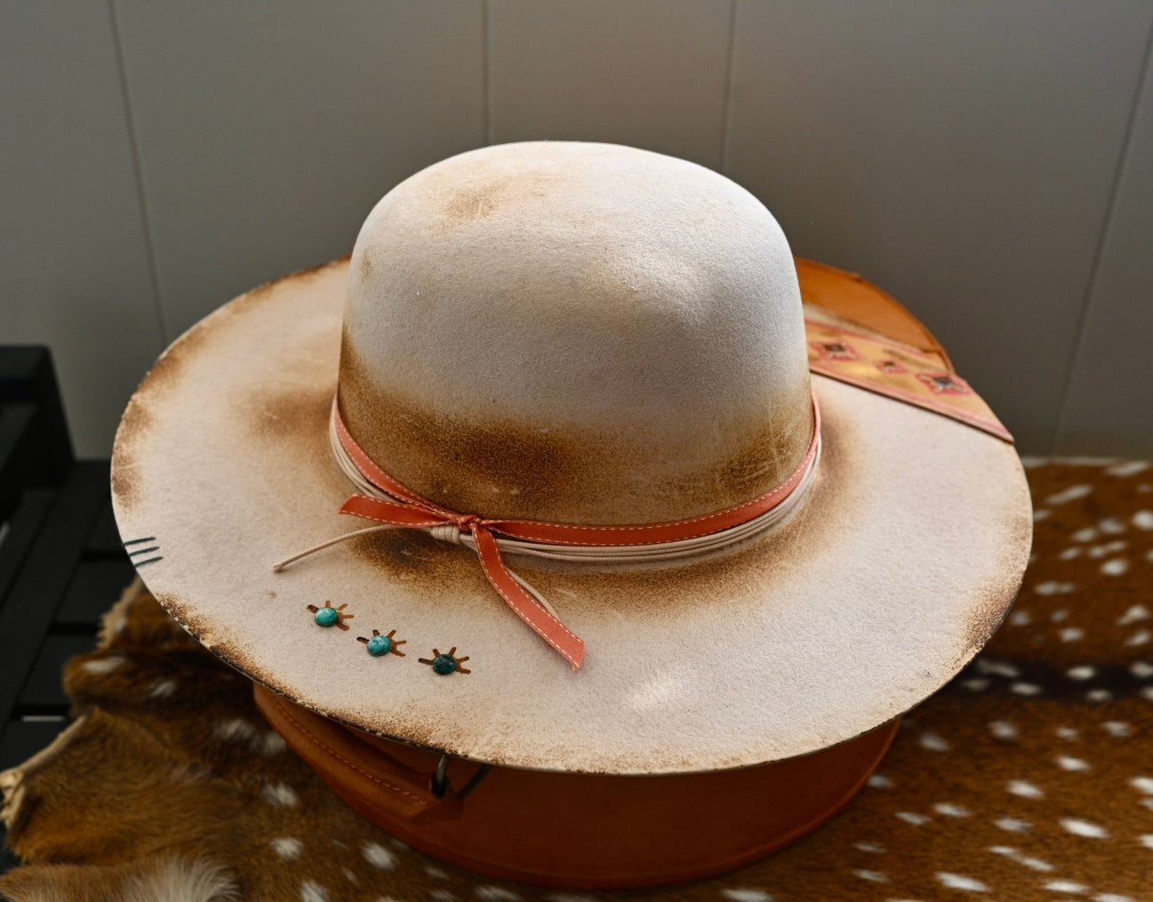 Open crown hat with southwest trip and Kingman turquoise accents