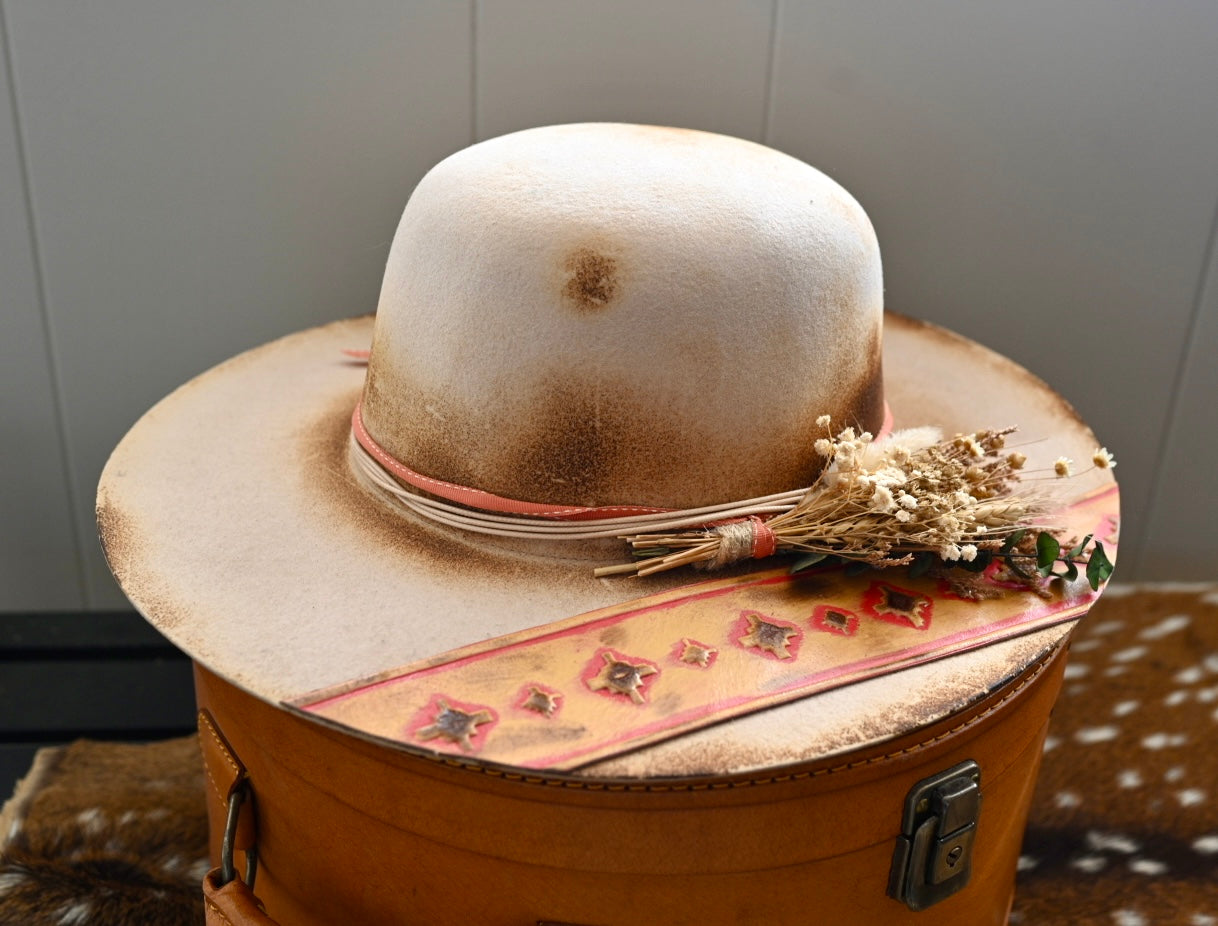 Open crown hat with southwest trip and Kingman turquoise accents