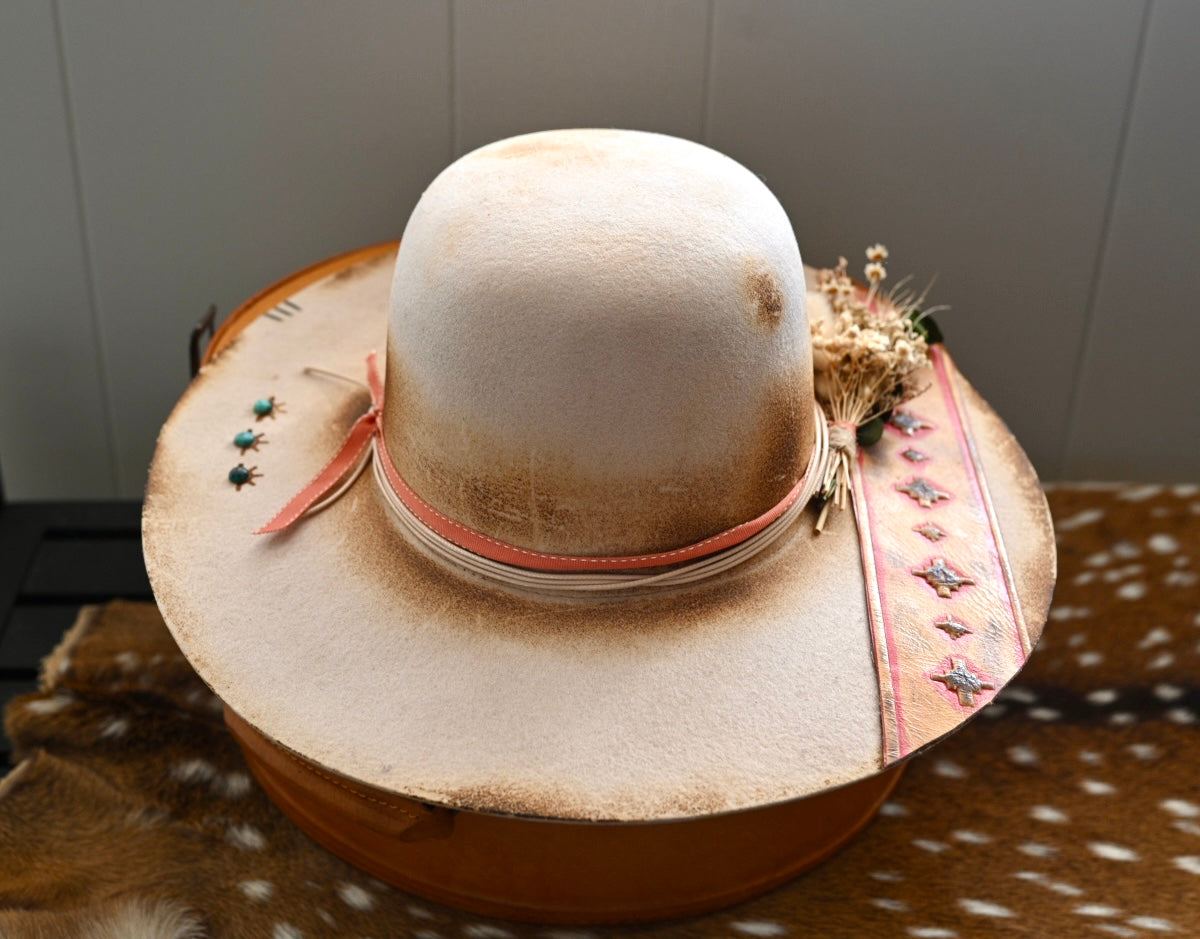 Open crown hat with southwest trip and Kingman turquoise accents